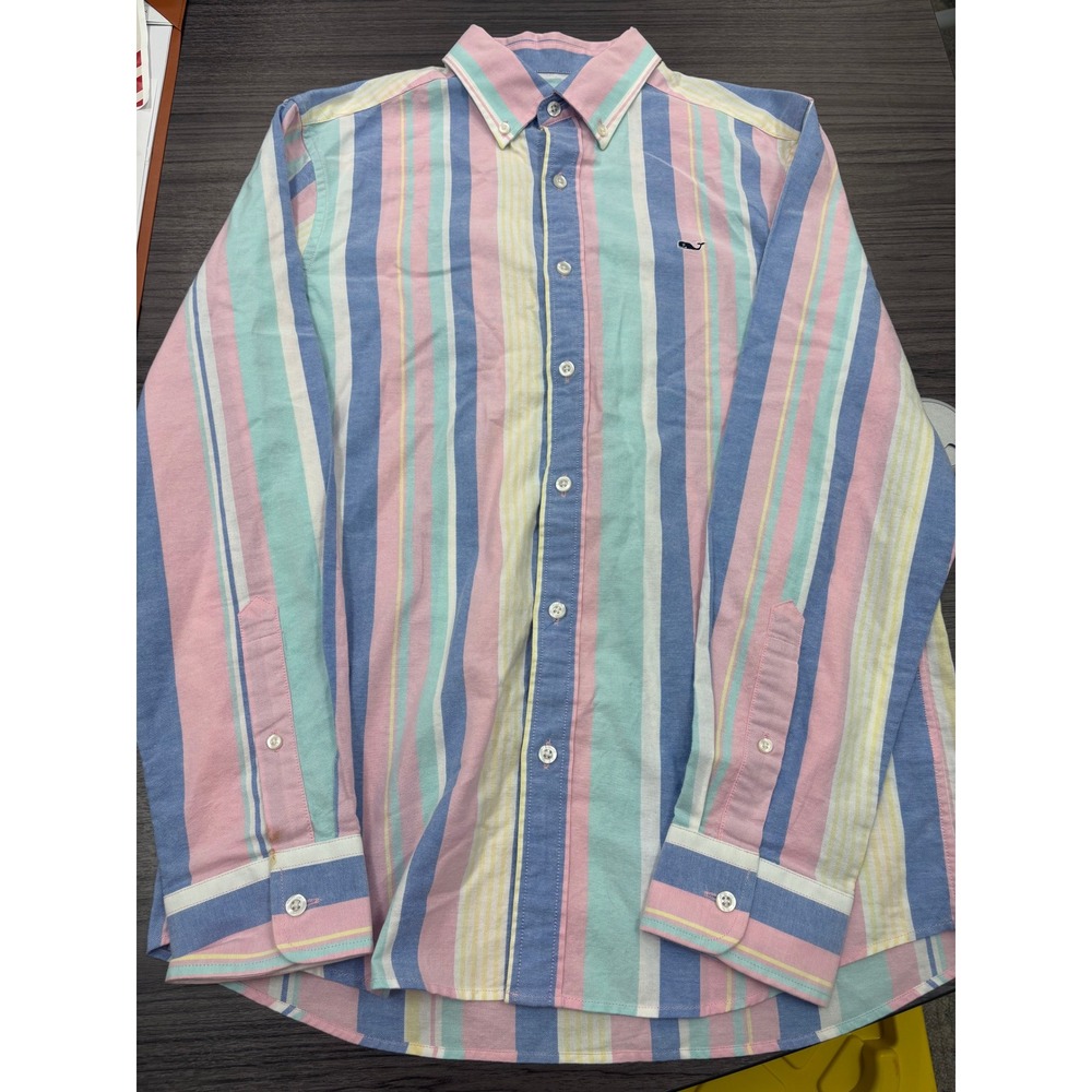 Vineyard Vines Whale Shirt Mens Small Striped Button Down Pink Blue Cotton